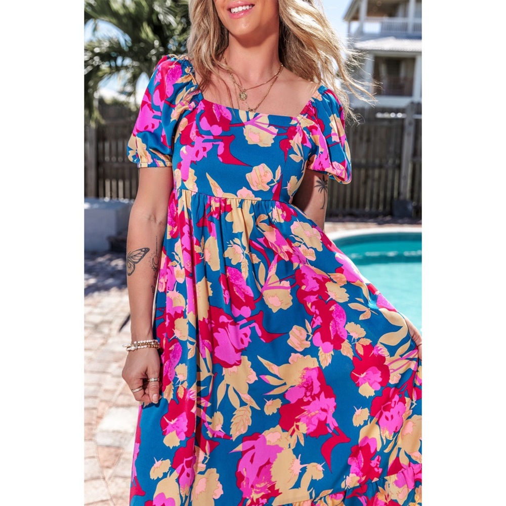 CLEARANCE! Blue Floral Bubble Sleeve Flowy Back Zip Square Neck Midi Dress! - Picture 4 of 11